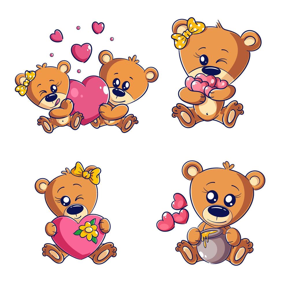 Cute bear with love, hand drawn style set vector