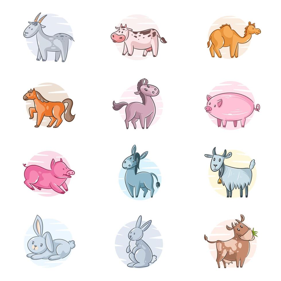 Cute farm animal design, hand drawn style set vector