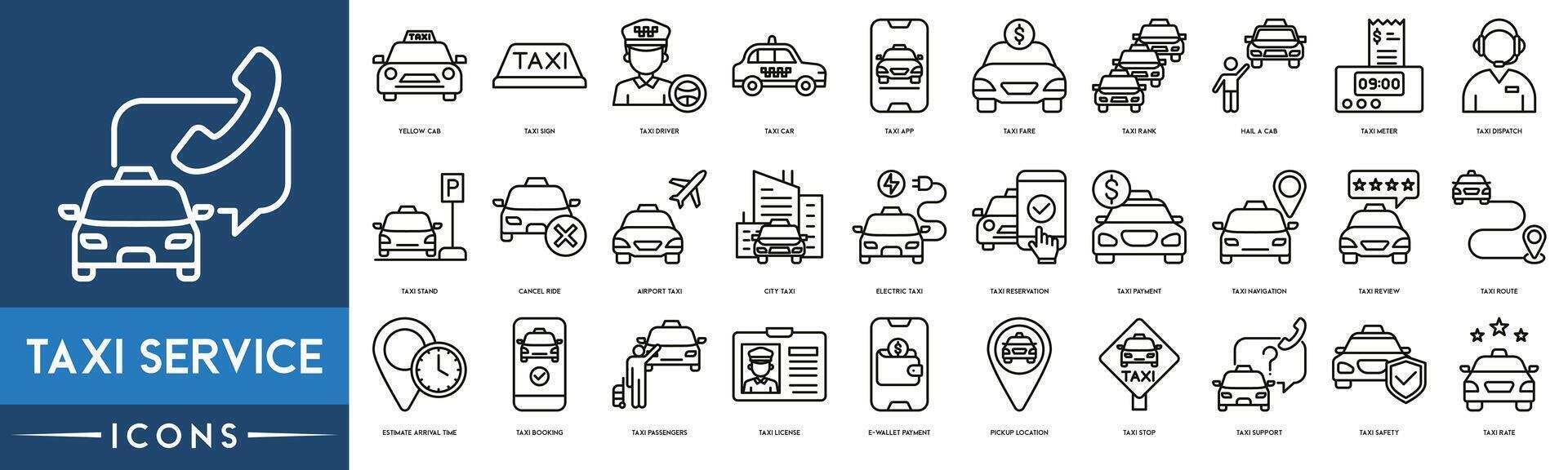 Taxi Service icon. Yellow Cab, Taxi Sign, Driver, Car, Taxi App, Fare, Rank, Hail a Cab, Taxi Meter and Dispatch icon set. vector