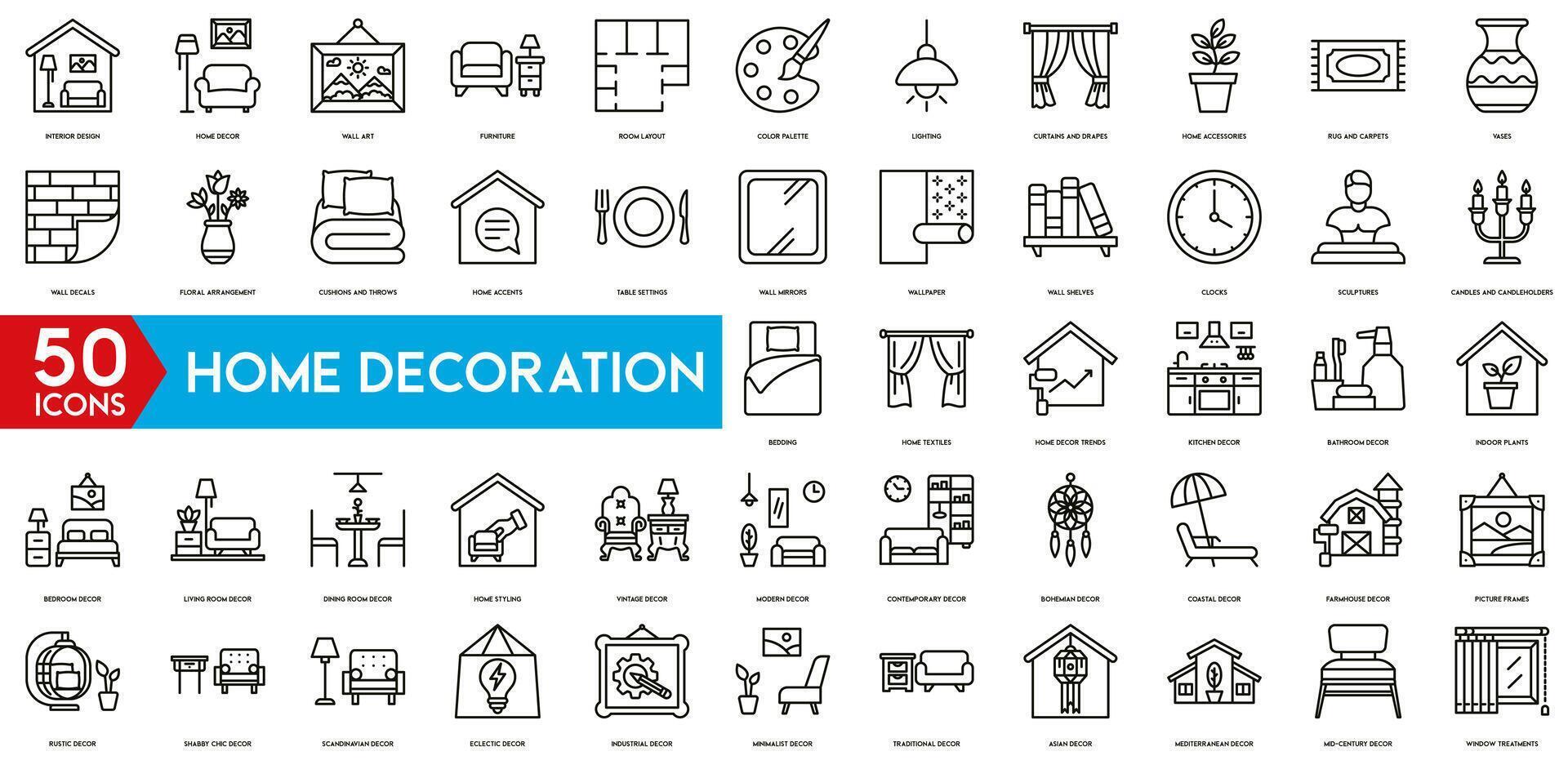 Home Decoration icon. Interior Design, Home Decor, Wall Art, Furniture, Room Layout, Color Palette, Lighting, Curtains and Drapes, Home Accessories, Rug and Carpets icon set. vector