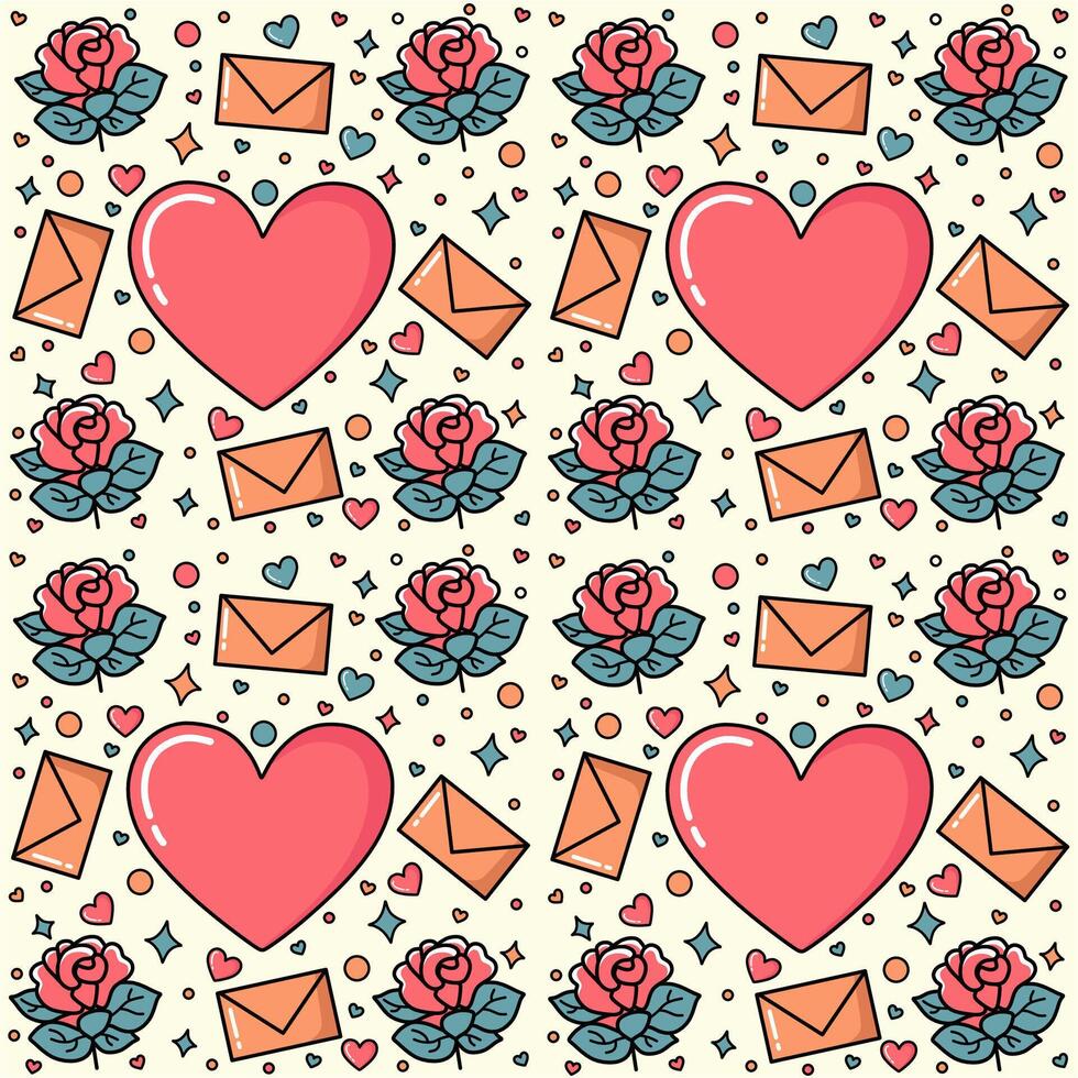 Romantic Whimsy, Pink, Blue, and Orange Rose Illustration Pattern on Cream Background vector