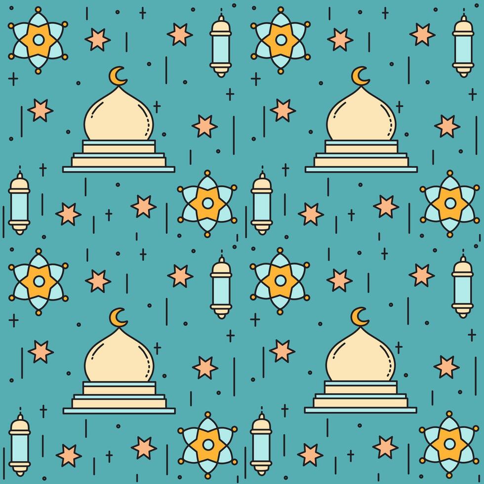 Ramadan Serenity, Blue-Turquoise Pattern with Mosque, Lanterns, and Crescent Moon vector