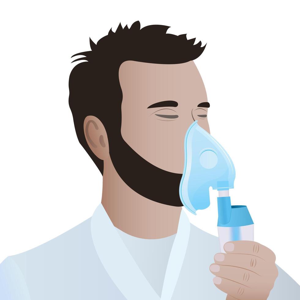 el paciente usos un oxígeno mascarilla. un persona con un nebulizador trata pulmones, dolorido garganta, o, anterior sistema enfermedad vector