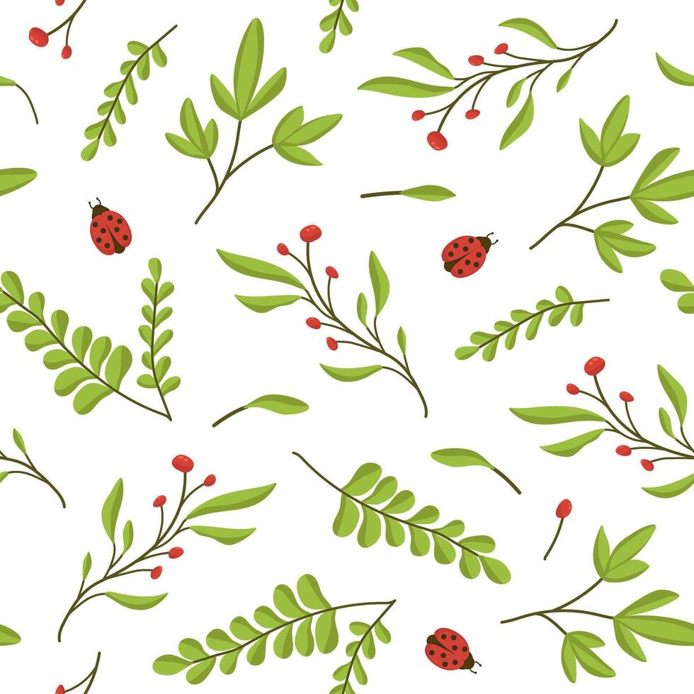 Seamless vector illustration of spring flowers, leaves and ladybugs. Colored spring wallpaper on a white background.