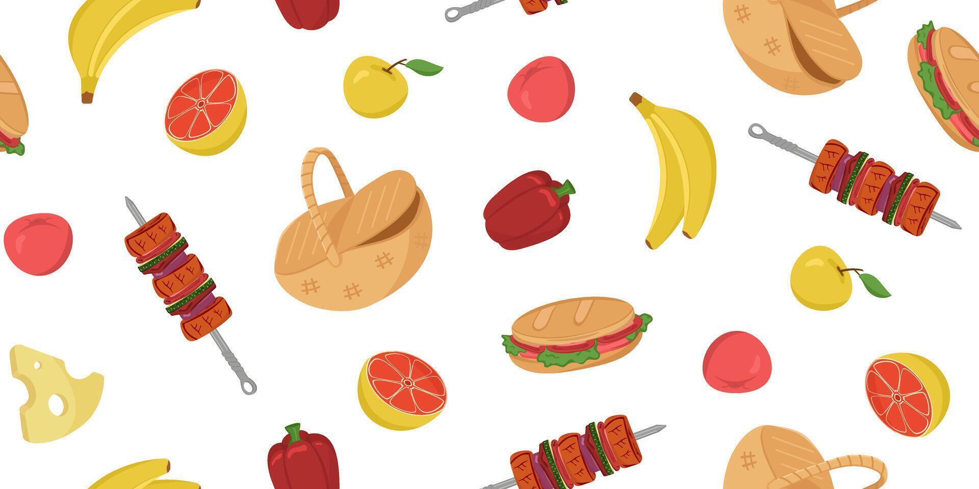 Vector illustration of picnic food and drinks. Seamless barbecue pattern. BBQ elements.