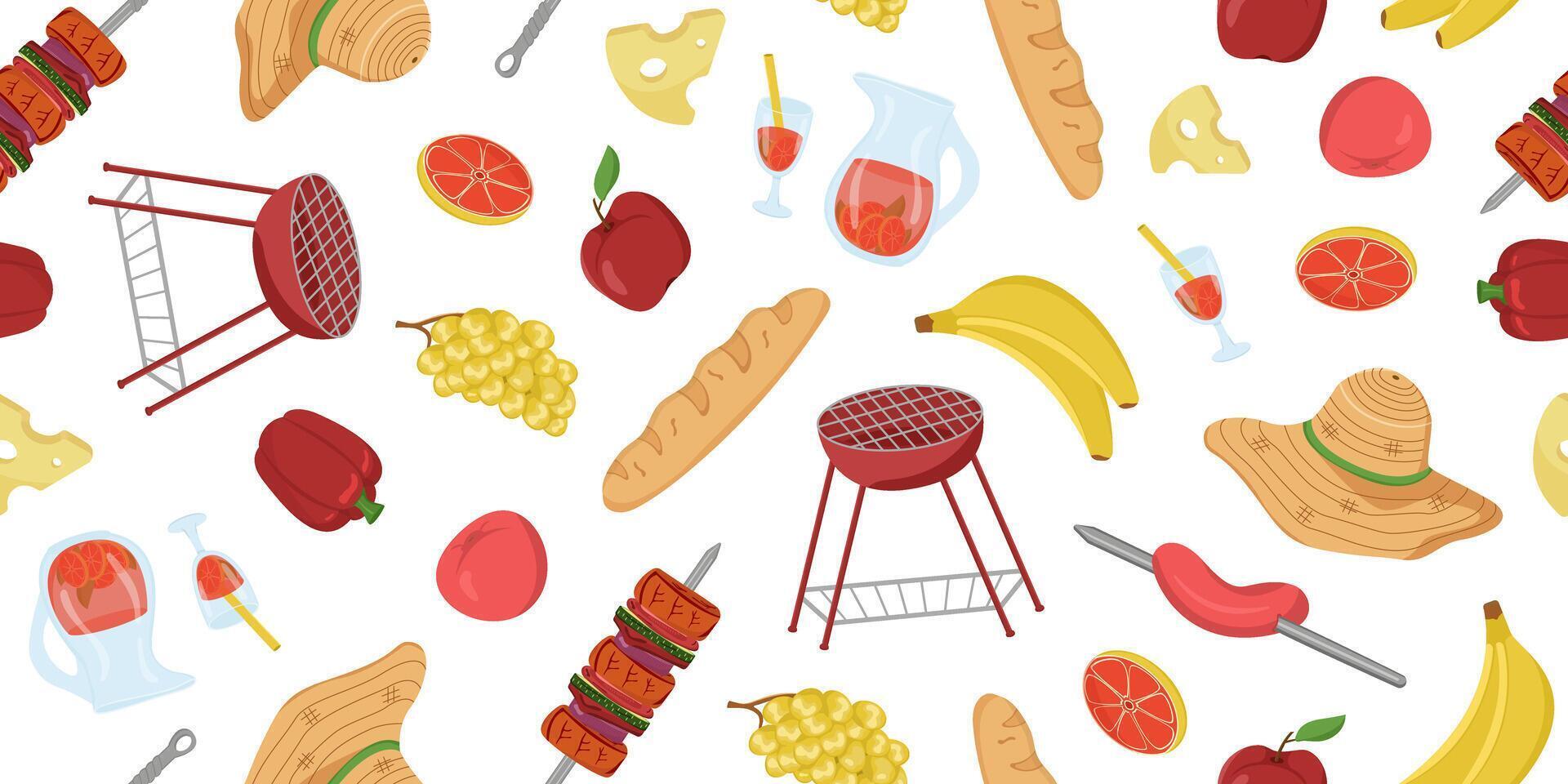 Vector illustration of food, drinks and paraphernalia for a picnic. Seamless barbecue pattern. BBQ elements.