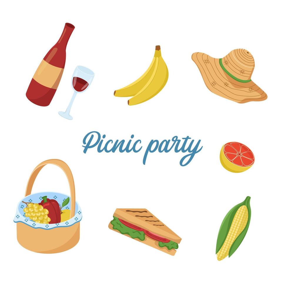 vector ilustración de comida y bebidas para un al aire libre picnic. vistoso tarjeta para un parilla fiesta. familia fin de semana elementos. barbacoa elementos. imagen de verduras, frutas y picnic elementos.