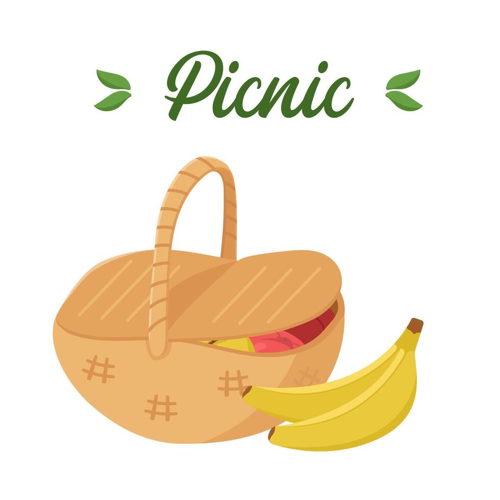 Vector illustration of a picnic food basket. Colored barbecue card. BBQ elements.