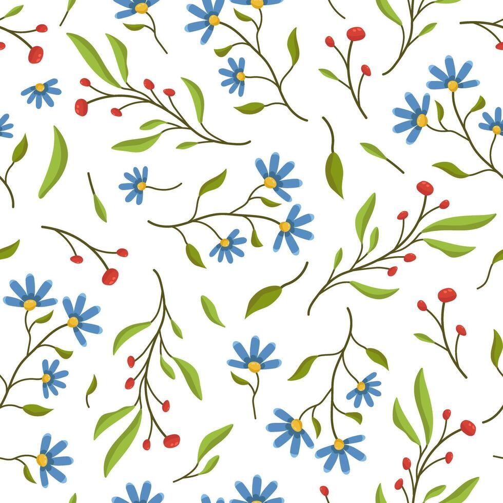 Seamless vector illustration of different spring flowers and leaves. Colored spring wallpaper on a white background.