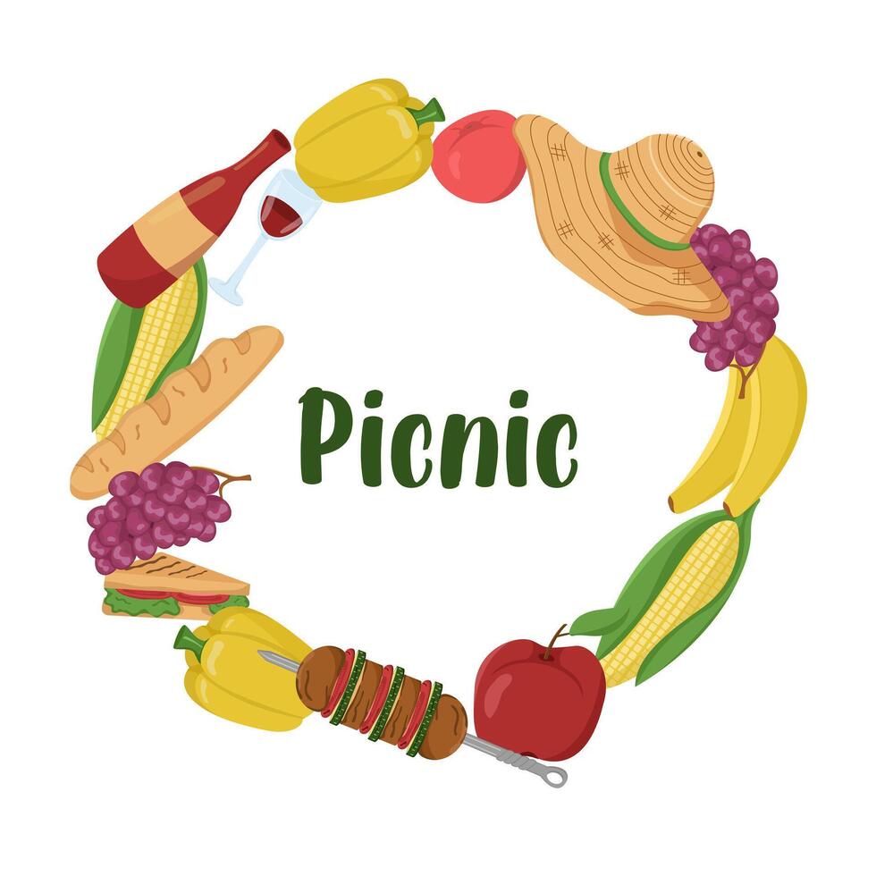 Vector illustration of picnic food and drinks arranged in a circle. Barbecue colored card. Set of things for a family day out in the forest or park.