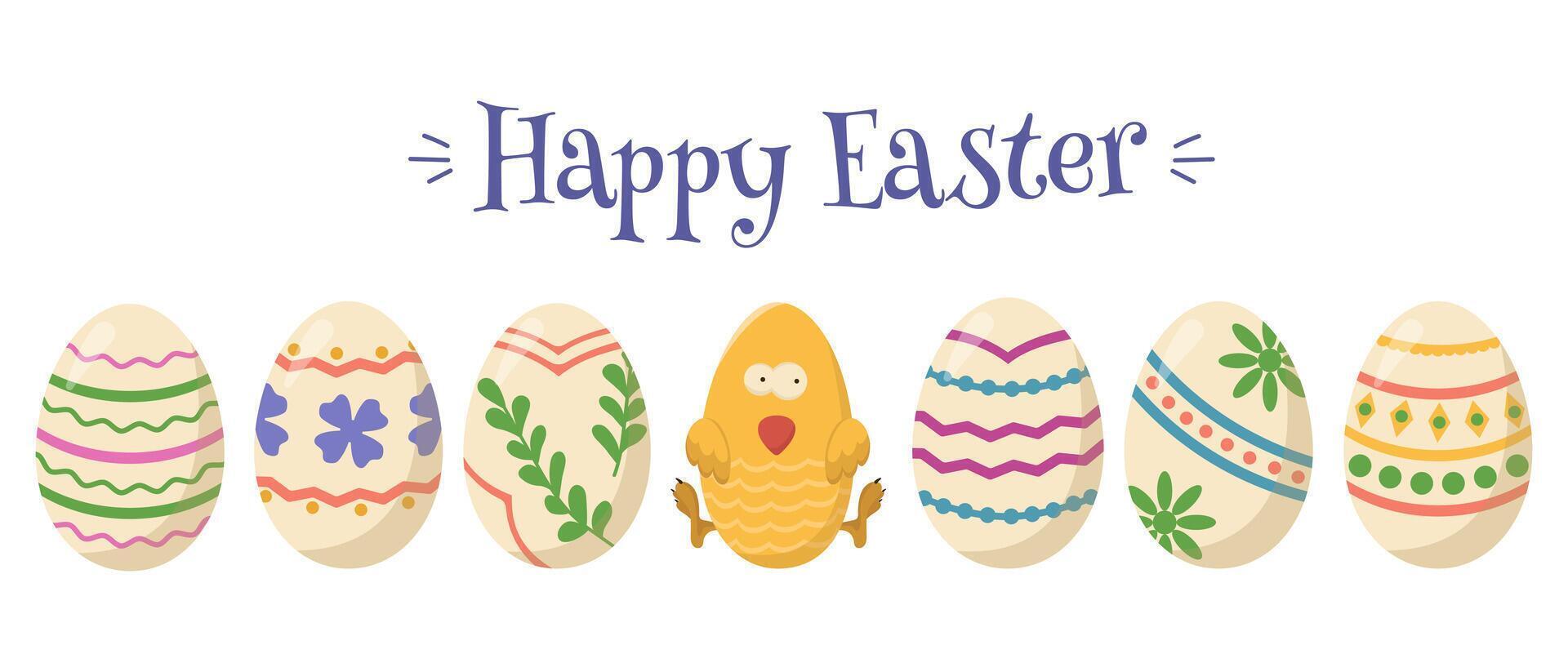 Vector banner with Easter eggs and chick. Set of painted eggs with a yellow chicken on a white background.