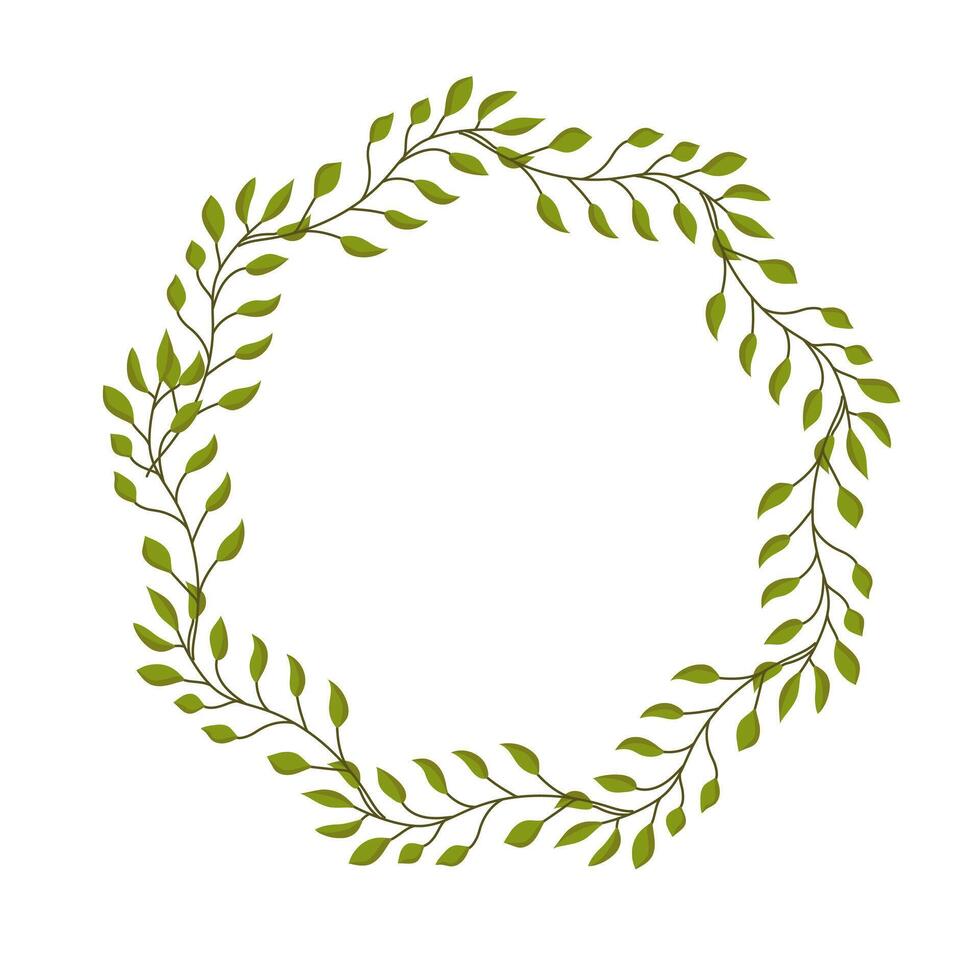 Vector wreath of leaves. Decorative frame. Template for a postcard. Green circle of leaves and branches.
