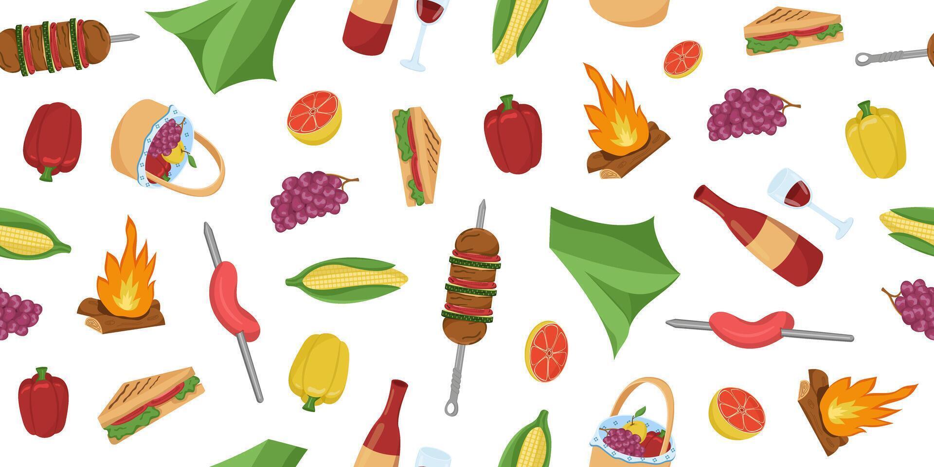 Vector illustration of picnic food and drinks in cartoon style. Seamless barbecue pattern. BBQ elements.