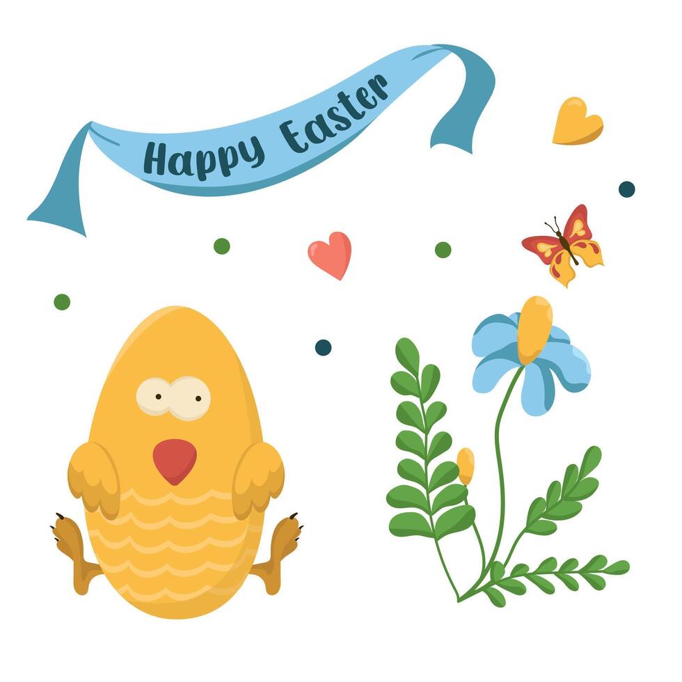 Vector color card with Easter chickens. Easter egg hunt invitation template on white background.