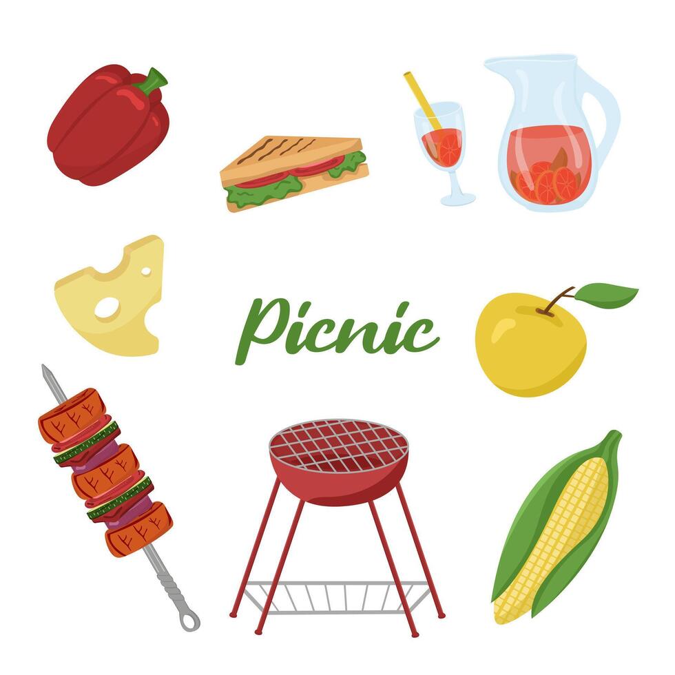 Vector illustration of picnic food and drinks. Colored barbecue card. Family weekend items. BBQ elements. Image of vegetables, fruits, drinks and picnic items.