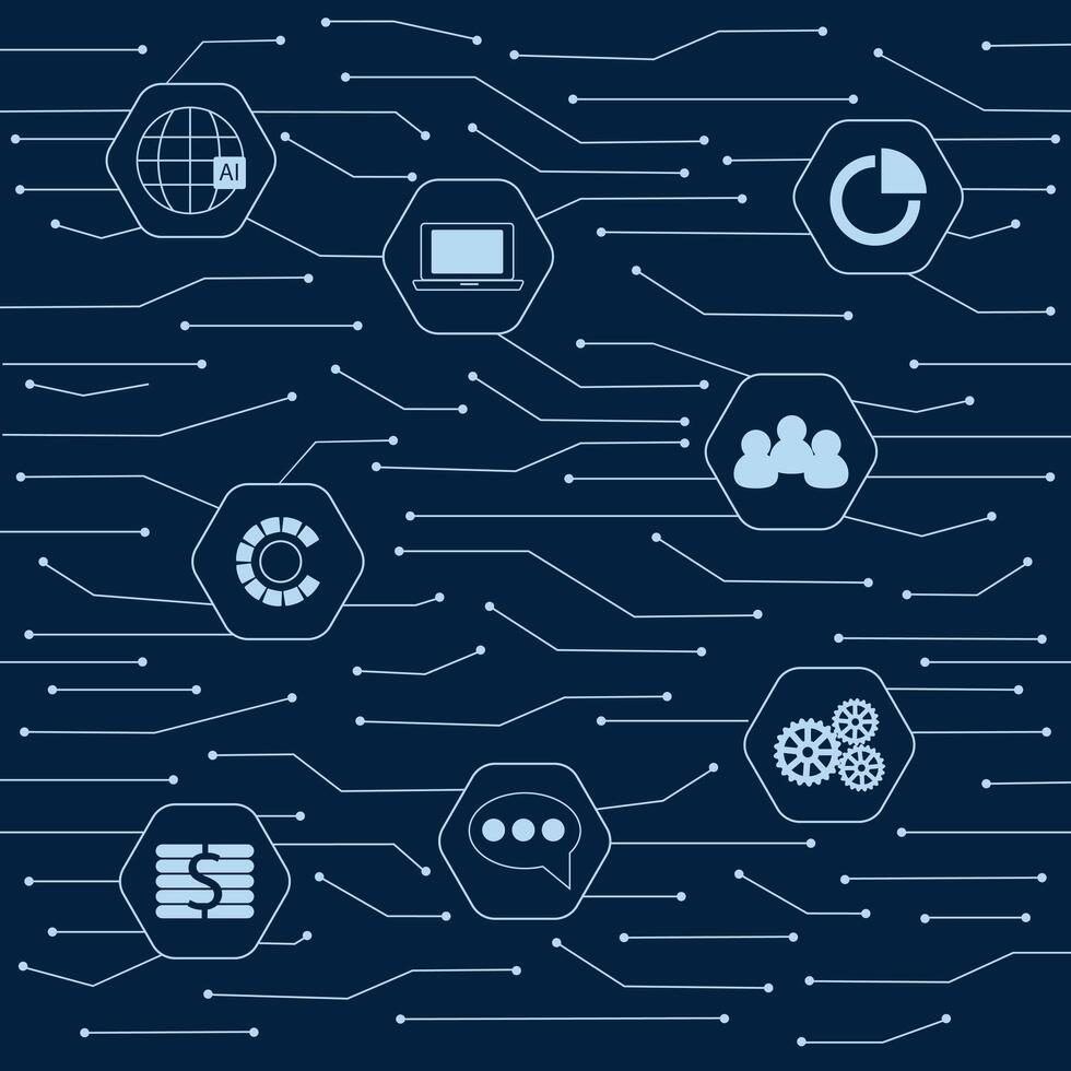 Artificial intelligence vector illustration. Modern cyberbrain concept. Machine learning and neural network. Artificial intelligence infographic banner. AI card with icons.