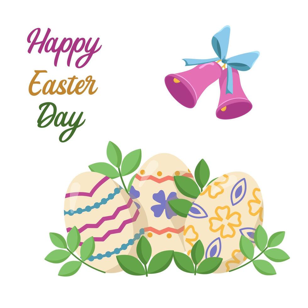 Vector color card with Easter eggs with leaves. Easter egg hunt invitation template on white background. Easter religious holiday concept. Image of eggs, bows, bell and leaves