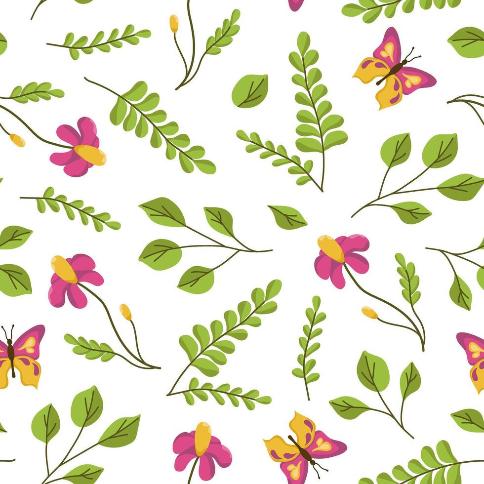 Seamless vector illustration of spring flowers, leaves and beans. Colored spring wallpaper on a white background.