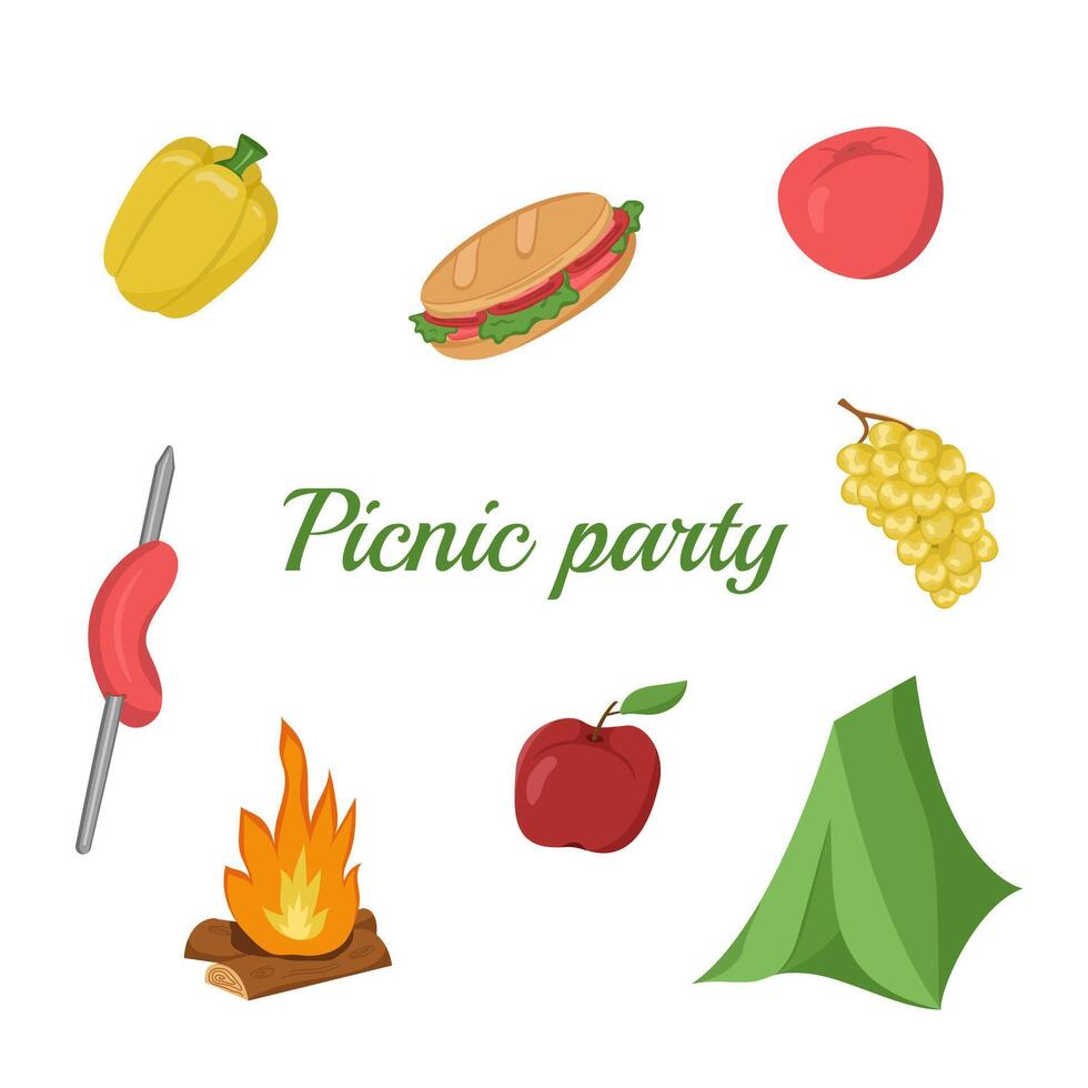 Vector illustration of picnic food and drinks. Colorful card for a barbecue party. Family weekend items. BBQ elements. Image of vegetables, fruits, picnic items with camping elements.