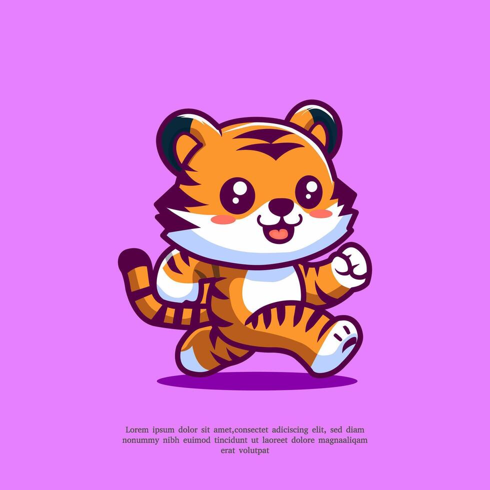 Cute Tiger Running Cartoon Vector Icon Illustration. Flat Cartoon Style
