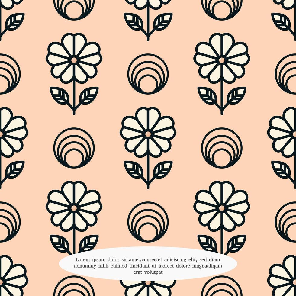 Daisy flower line art with circle element seamless pattern. vector
