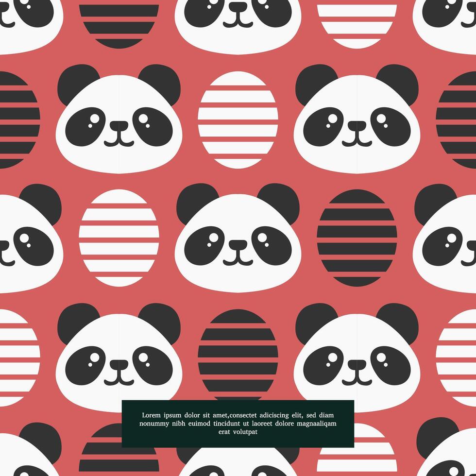 Cute panda seamless pattern, bear with oval strips element. Cartoon doodle vector illustration.