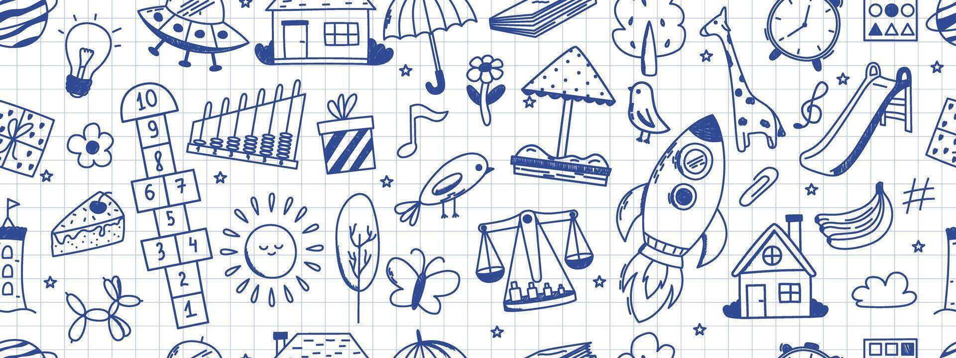 Seamless pattern with kindergarten doodles. Butterfly, toys, flower, umbrella, house, sun, tree, animals and other elements. Scribbled with chalk texture. vector