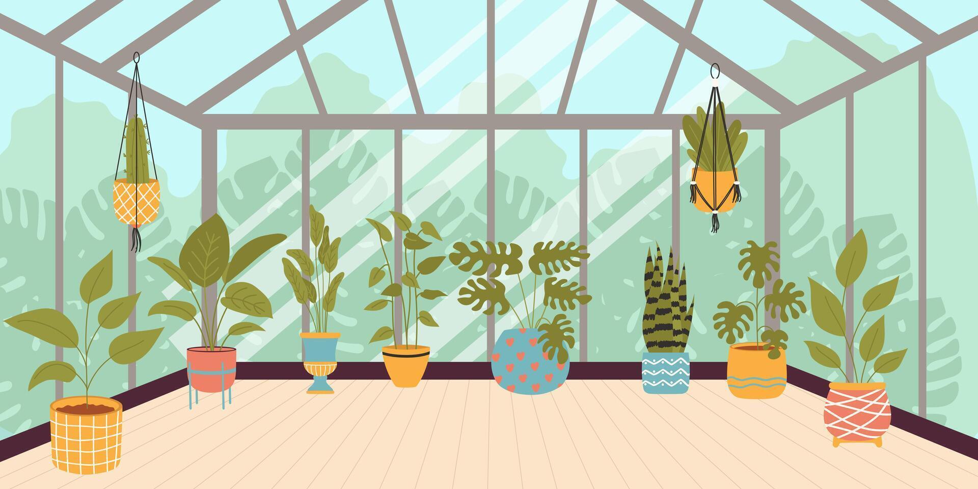 Glasshouse or botanical garden with plants. Vector illustration