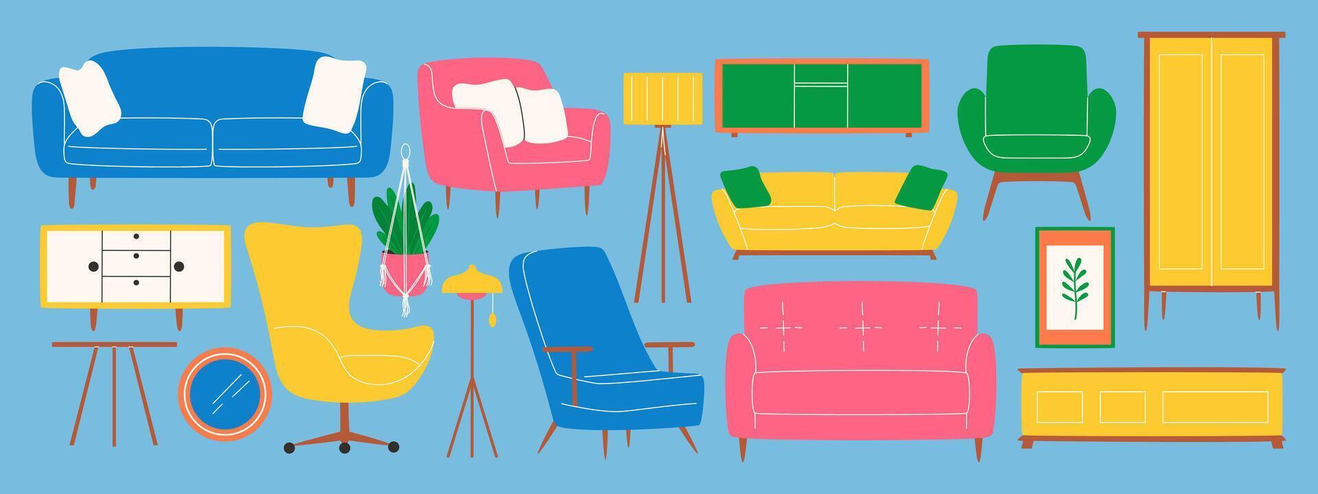 Set of colorful furniture. Sofa, table, wardrobe, armchair, chest of drawers vector