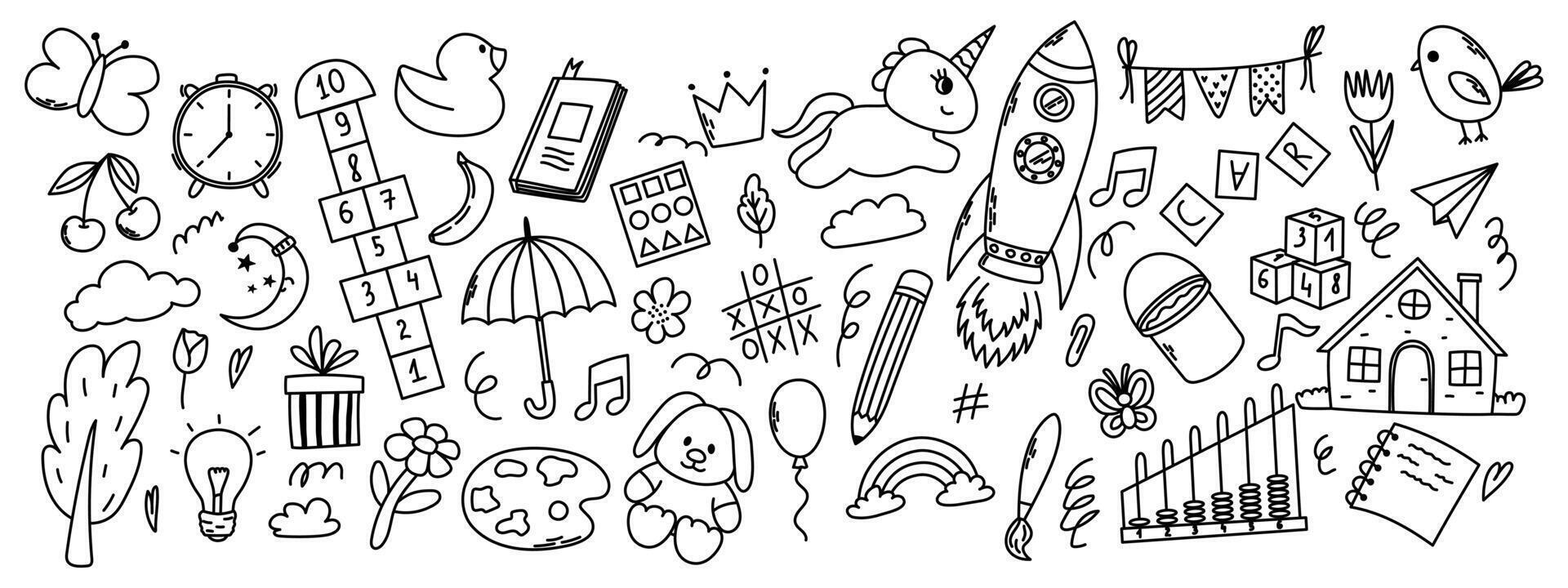 Daycare doodle elements. Unicorn, hopscotch, toys, crown, umbrella, house, tree and other elements. vector