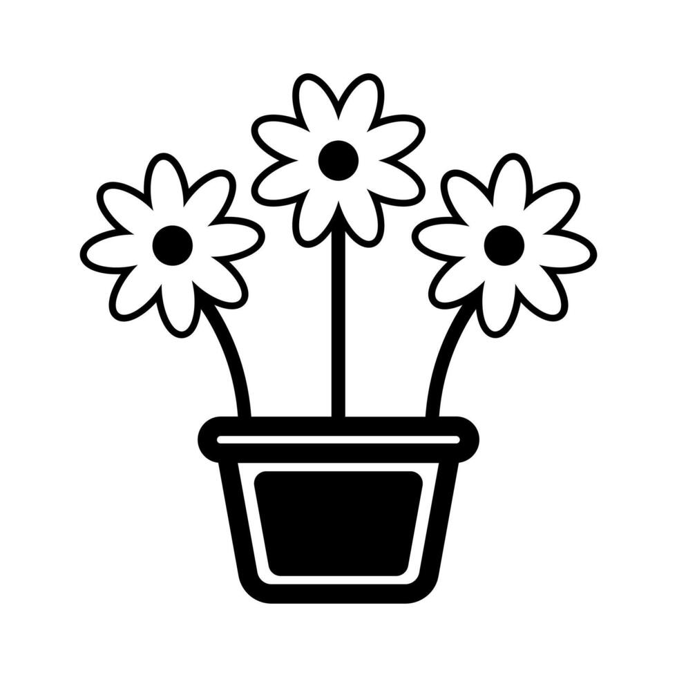 black vector flower in flowerpot icon isolated on white background