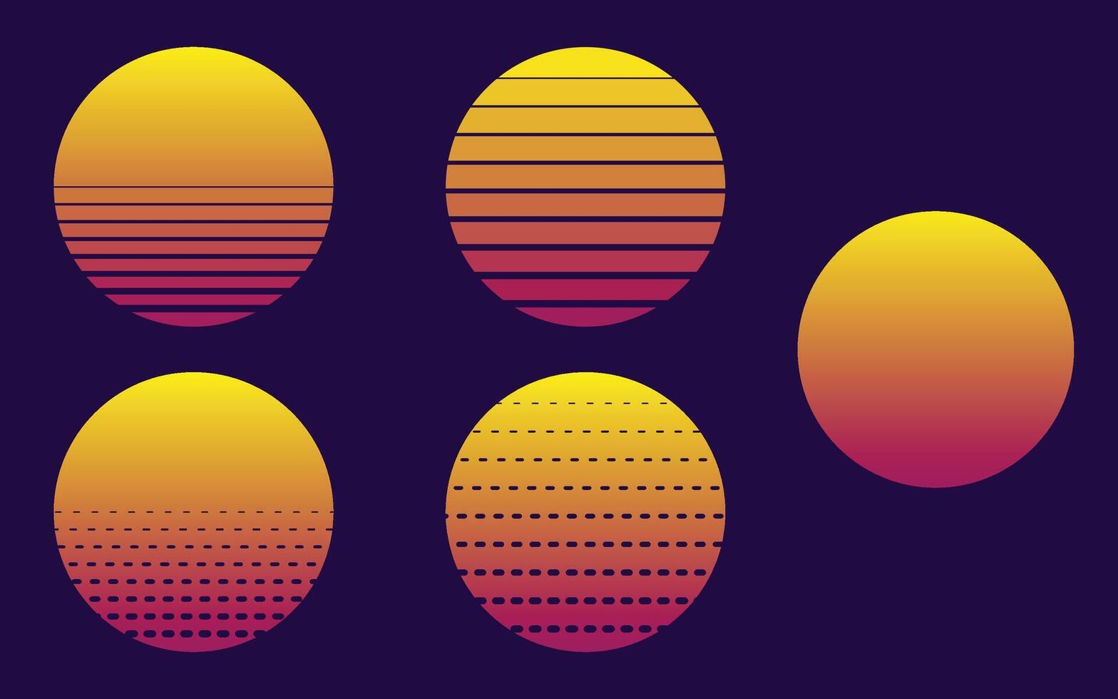 Retro sunset of 80s. Background of sun for cyberpunk, disco of 80 s and sunrise in miami. Set of neon gradient graphic for summer logo. Futuristic icons for flyer, music and shirt vector