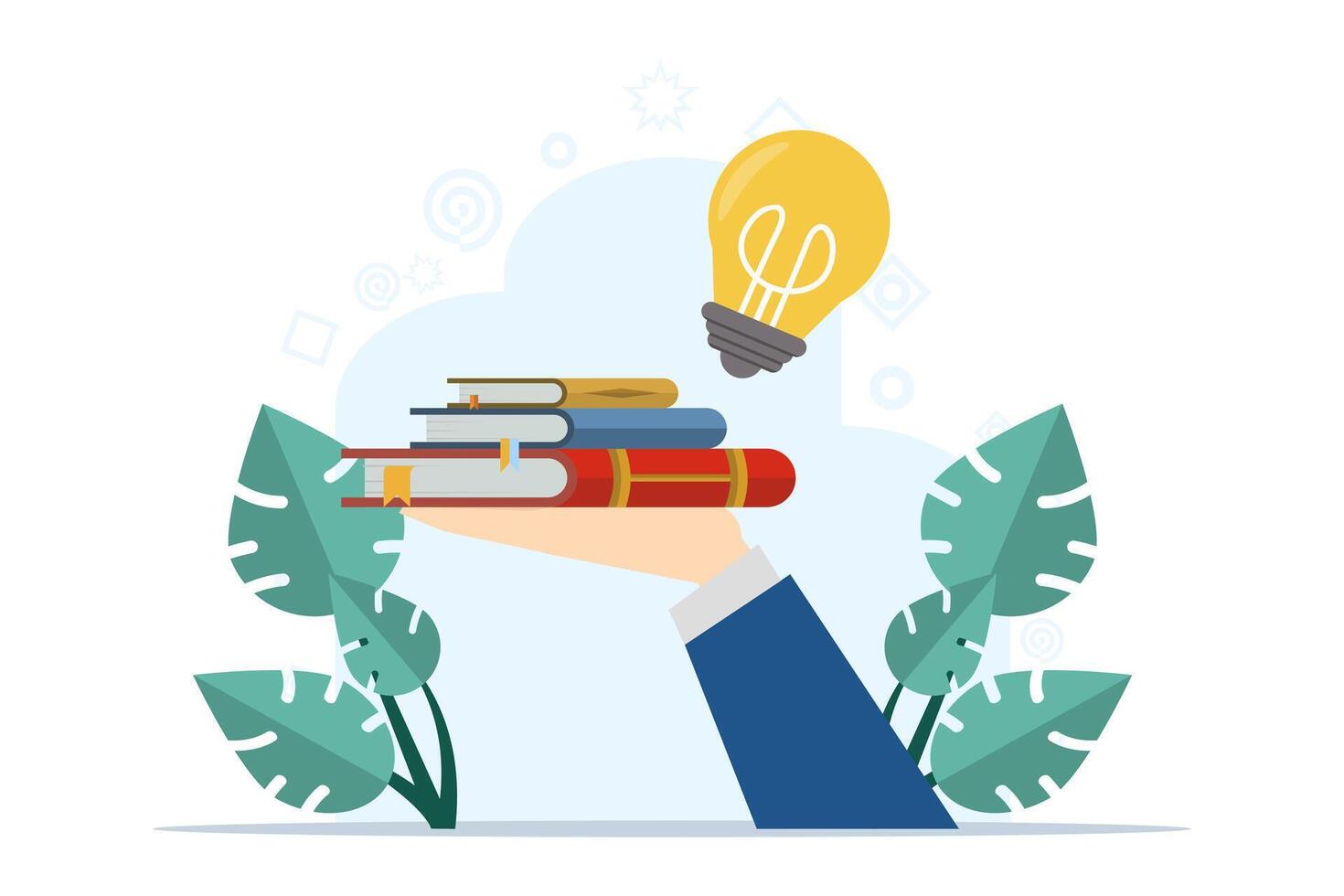 concept of learning or learning a skill, creativity or new ideas, Knowledge or education, reading a book to get inspiration, solutions or literature, holding an open book to find a light bulb idea. vector