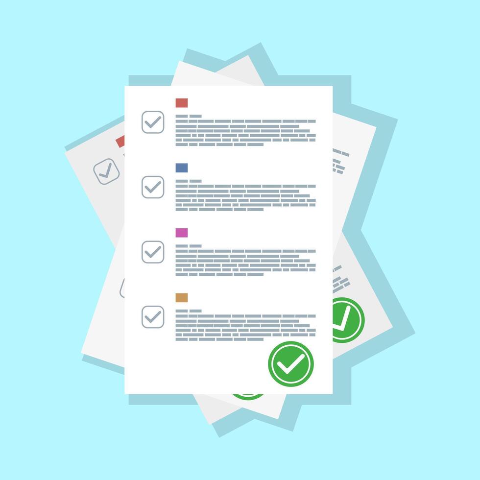 Questionnaire concept, stack of survey sheets or exam papers with list of answered quizzes and assessment of success results, educational test idea, flat style document vector illustration.