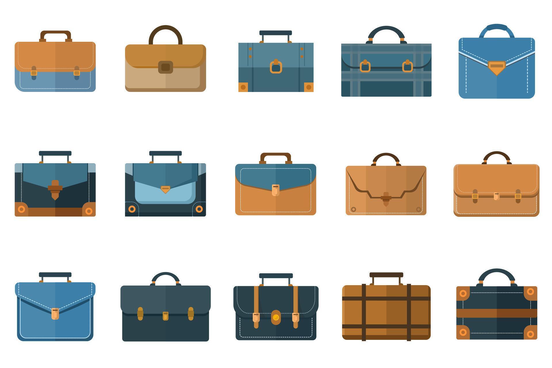 Briefcase vector icon set. Set of realistic briefcases with handles and