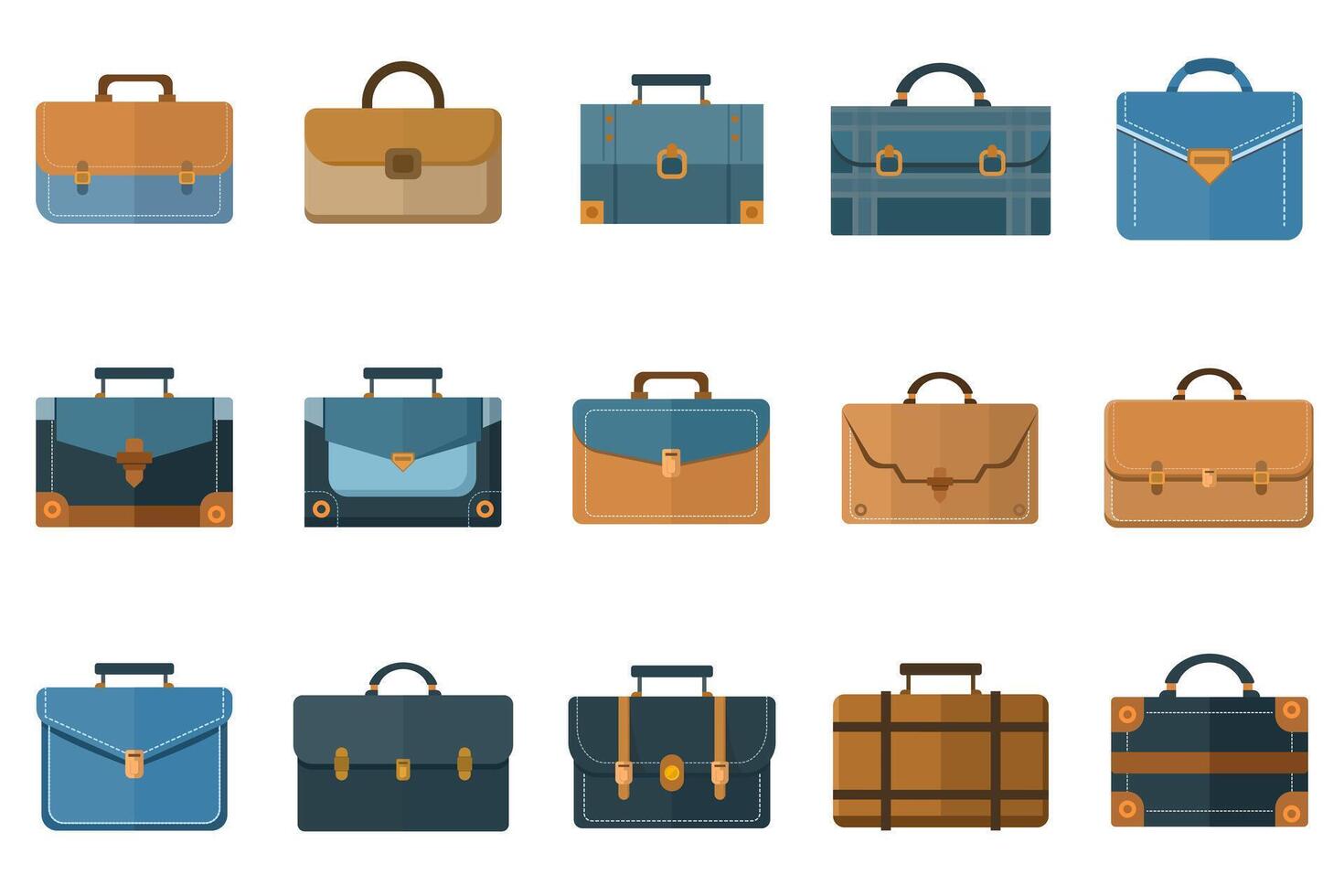 Briefcase vector icon set. Set of realistic briefcases with handles and buckles. Business bag for documents. Office handbag. Isolated vector image for web design in flat style.