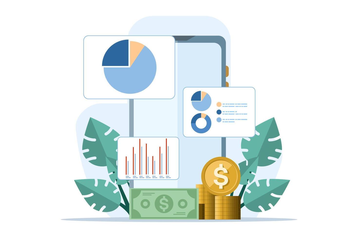 Finanzas concepto, ventas estrategia, trabajo en equipo, empresa presupuesto, crecimiento ingreso, inversión negocio, análisis de ventas crecimiento grafico o bar cuadro, presupuesto planificación, plano vector ilustración en antecedentes.