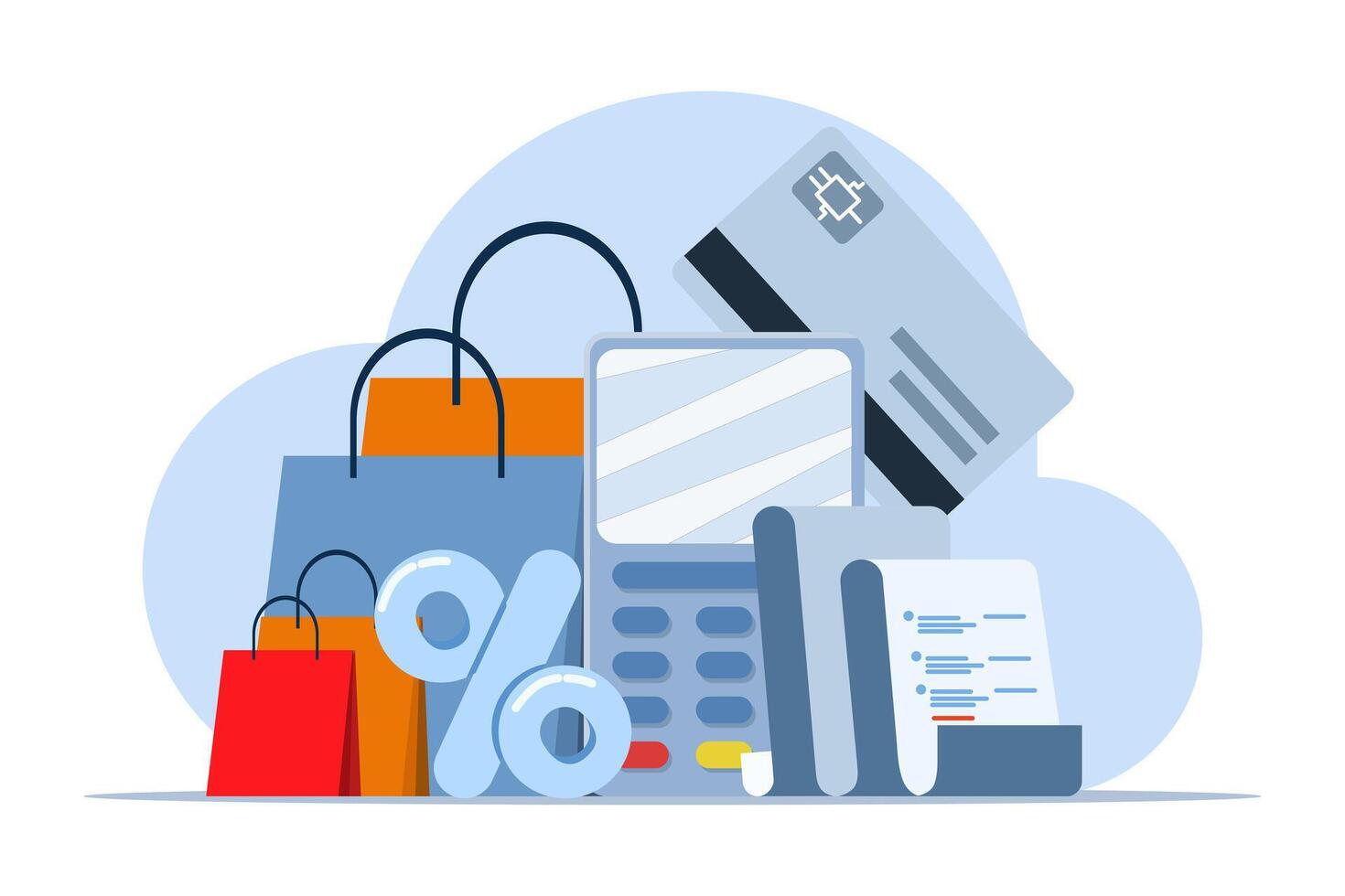 NFC payment concept, POS terminal confirms payment by debit card, Invoice, Shopping concept, payment machine, debit card or shopping card. Flat illustration vector template.