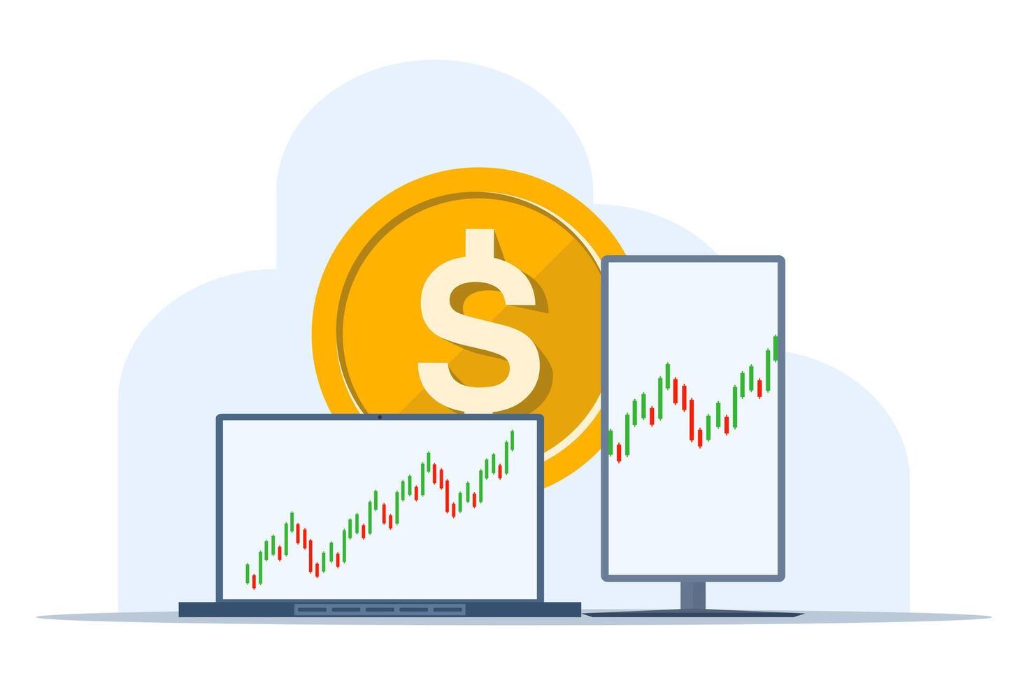 Stock market investment trading business candlestick chart. Bullish point, trend chart. computer with business charts and dollar coins, dollar exchange rate increase. Flat Vector Illustration.