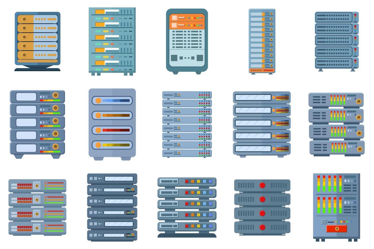 vector ilustración de varios servidor bastidores recopilación, varios tipos de servidor estante elementos recopilación. plano diseño para computadora, red, sitio web, servidor, web, hardware, software propósitos.