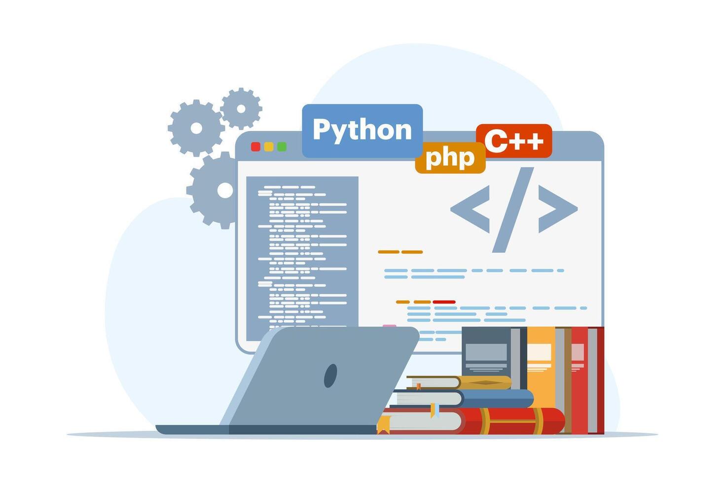 Web development concept. programming language. css, html, it, ui. laptop or computer and Programmer developing website, coding. flat vector illustration on white background.