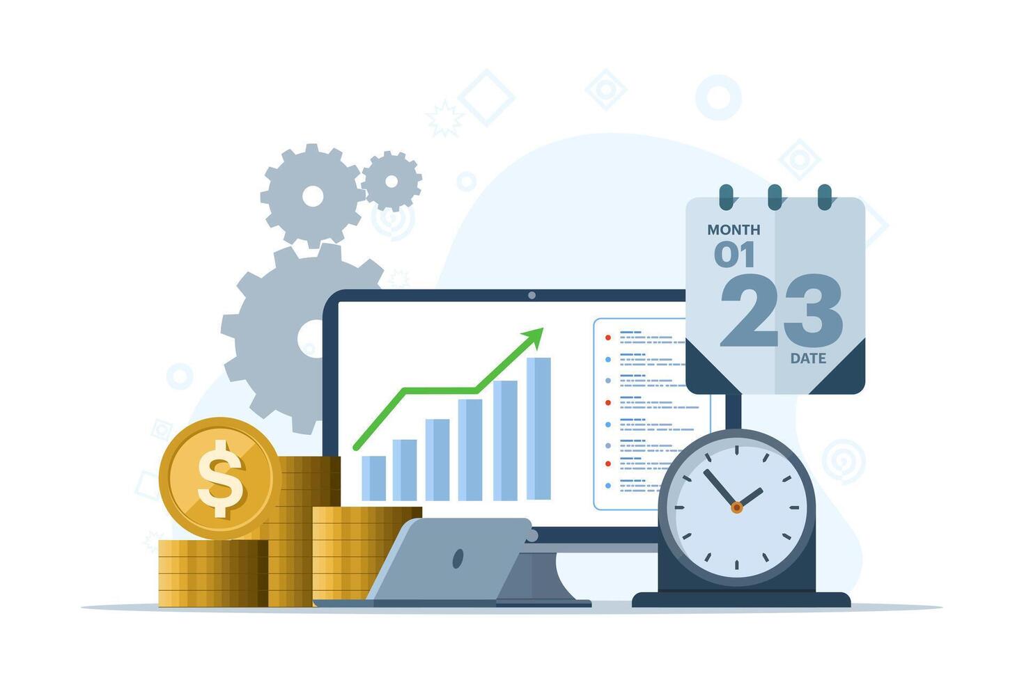 Business marketing team planning concept, analyzing financial reports and data to increase revenue, Business reports, data diagrams and graphs, statistics or analytics, data analysis, market research. vector