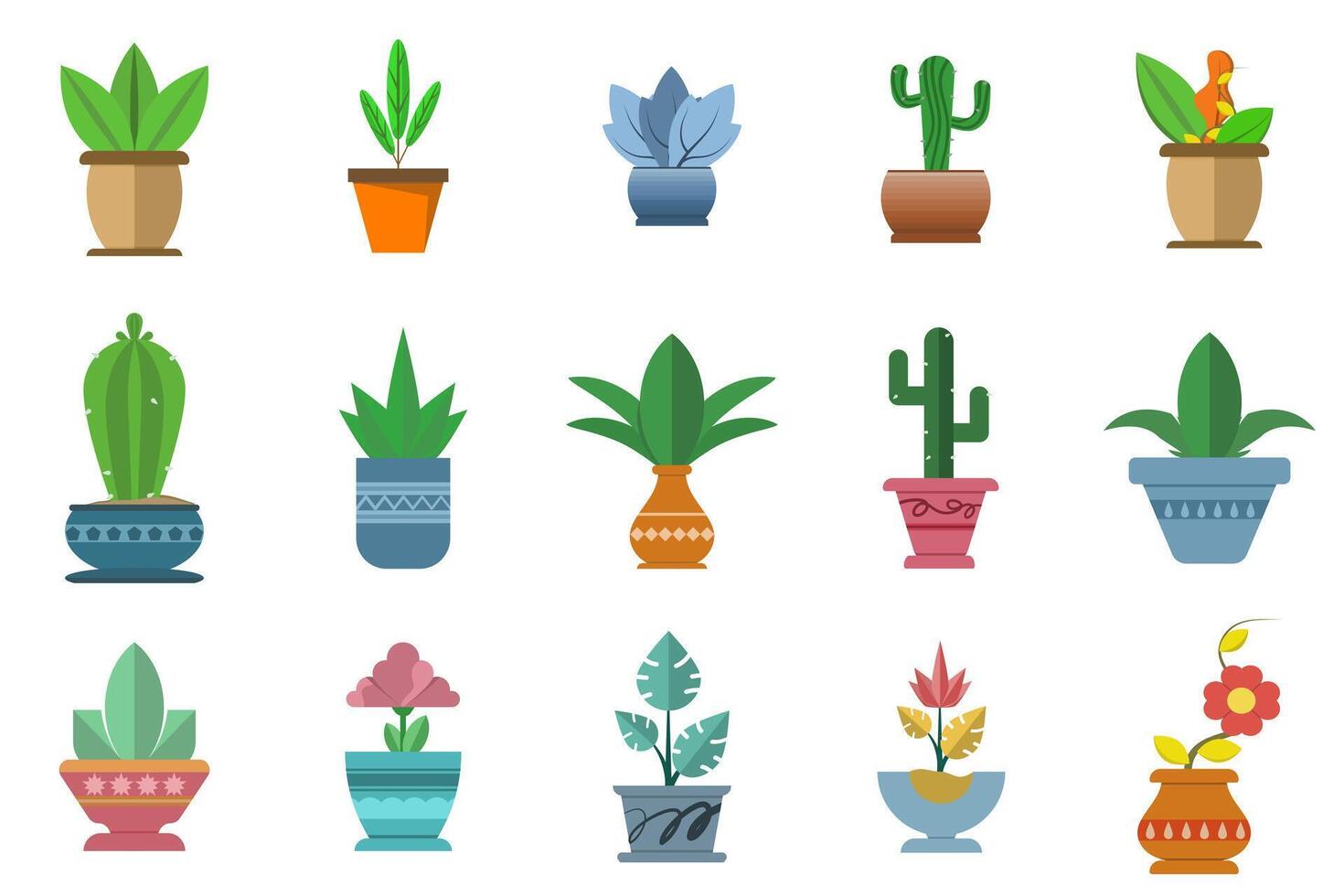 Set of house plants in pots, on stands. Isolated template of green cactus, monstera leaf, fern, ficus, zamioculcas. Botanical illustration of bushes, branches for home interior. vector illustration.