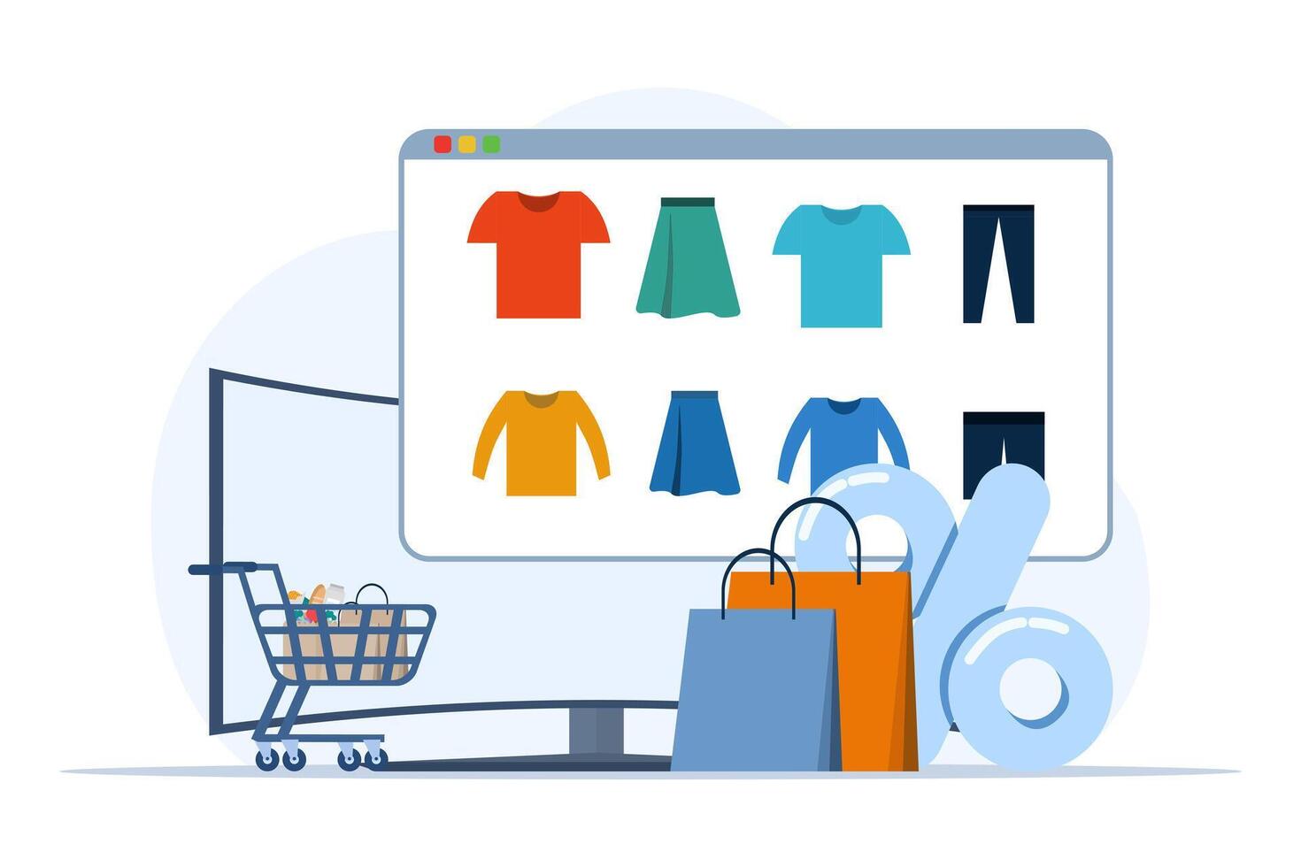 concept of online shopping, e-commerce, flash sale, discount, cashless payment, digital, people doing online shopping transactions, smartphones and shopping cards doing online shopping. vector