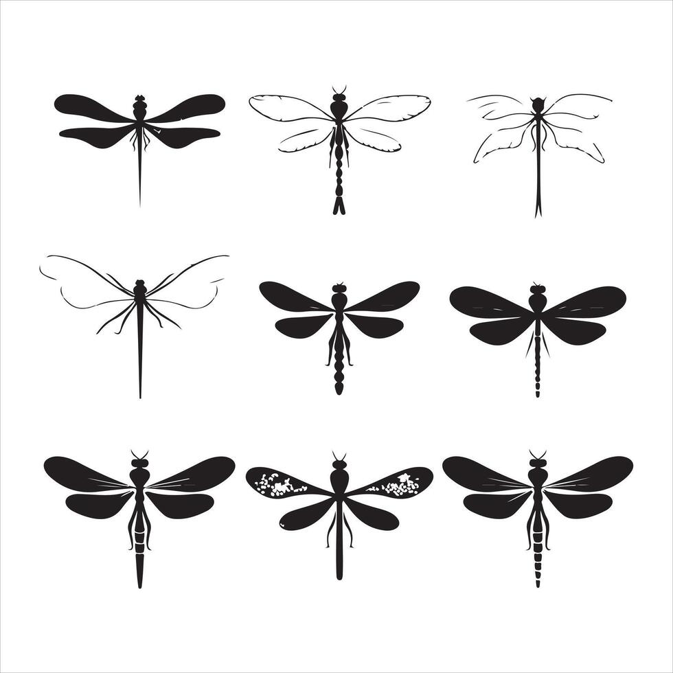 un negro silueta libélula conjunto vector