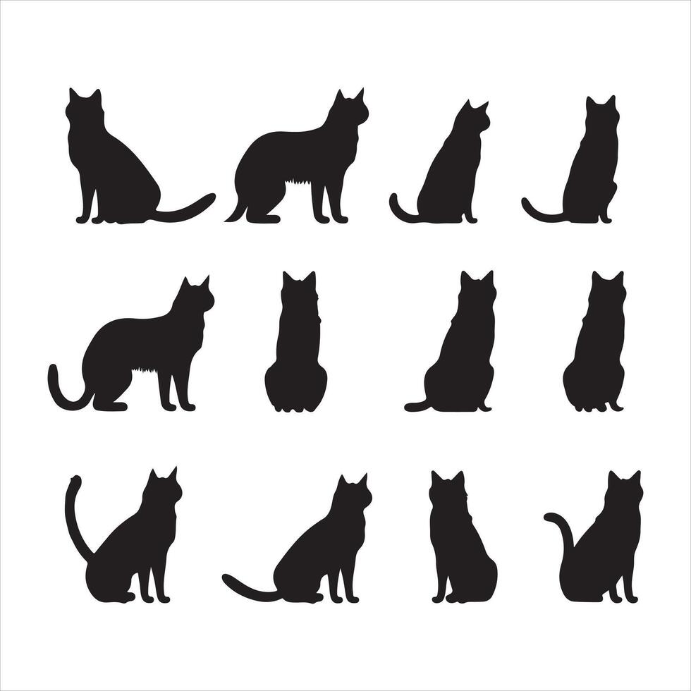 A black silhouette Leo cat set vector