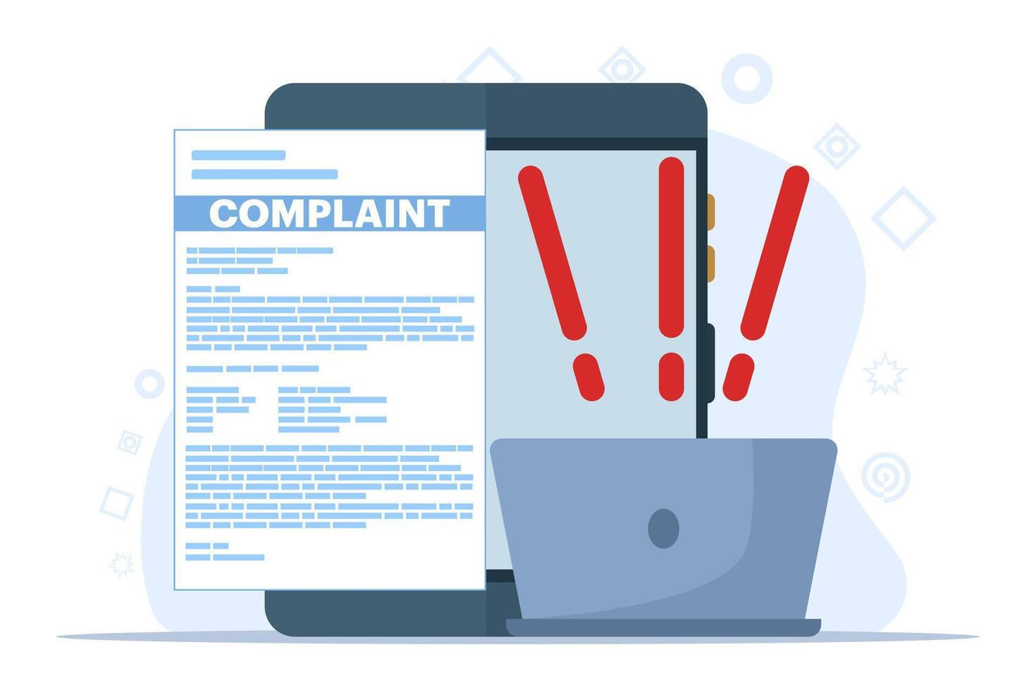 concept of online complaint, Claim petition, Dislike, Bad user experience, Bad review, Negative feedback, Action to resolve the problem. Flat illustration vector template.