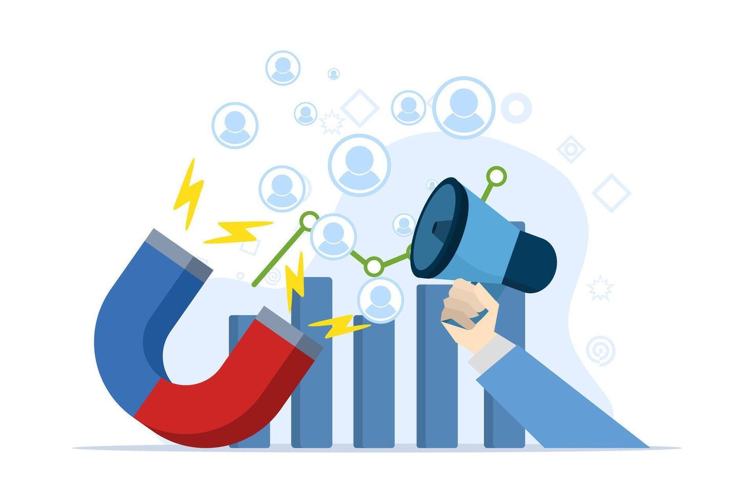 concept of business strategy and customer attraction. success in building an entrepreneurial team. campaigns attracting customers, accurate promotions, advertising. sales generation. vector