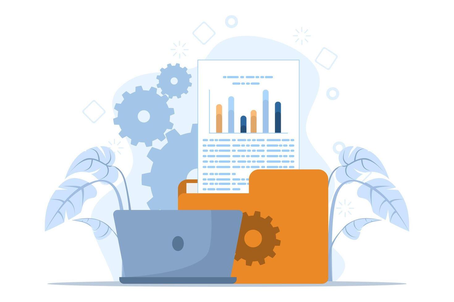 plano ilustración concepto de negocio actuación datos análisis, buscar motor mejoramiento, mercado investigación grafico, datos análisis, financiero informe, negocio estrategia. plano vector ilustración.