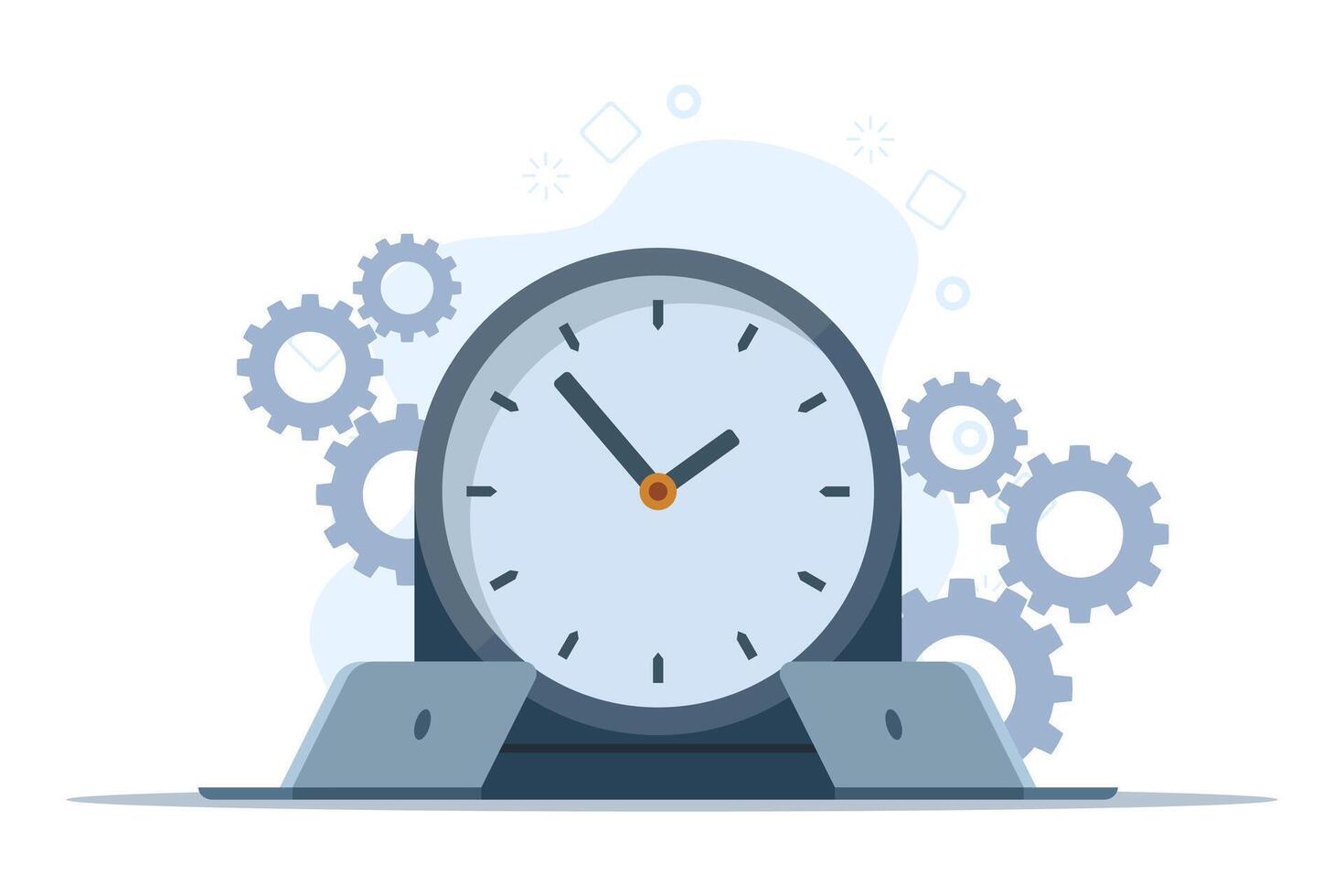 Time management concept. two laptops and a big clock showing working time. working time. Time organization efficiency. Project team work schedule. Good business processes. vector